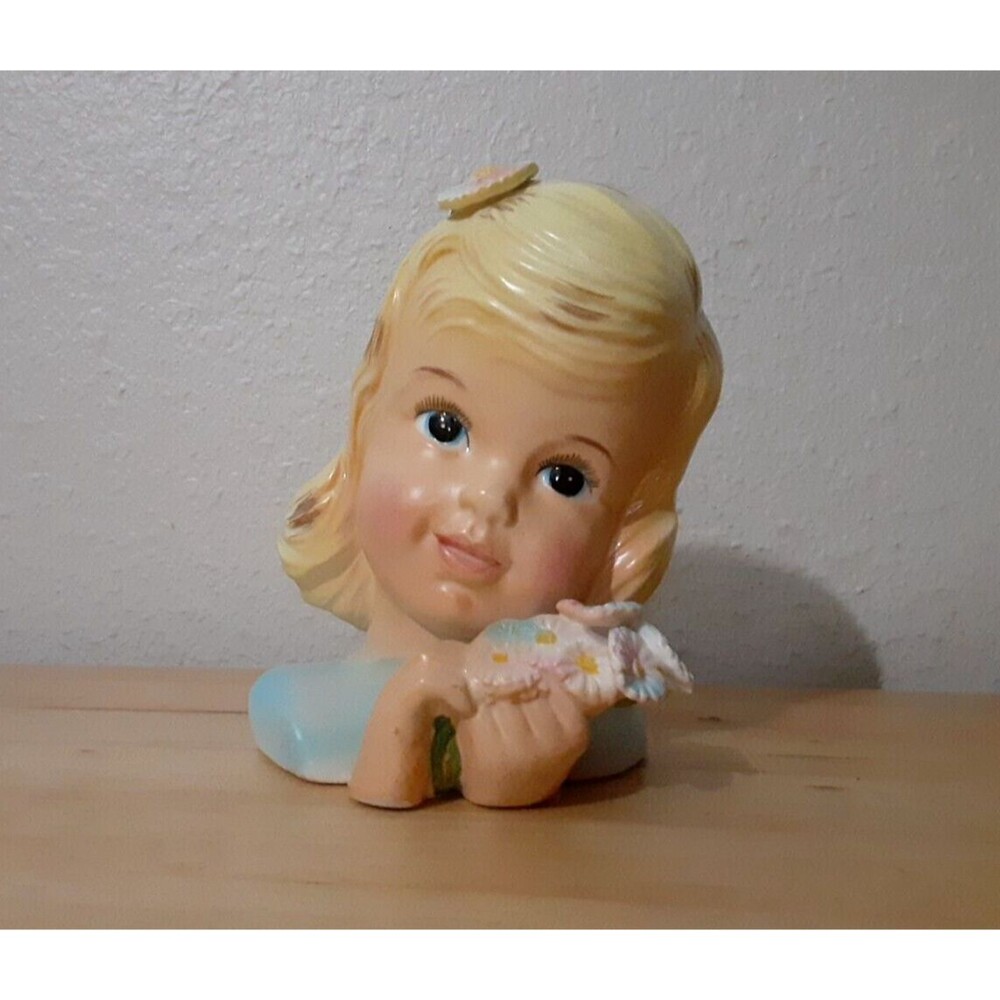 VTG Rare Enesco 1950's Delsey Tissue Girls Headvase 6" Original Flowers Dream